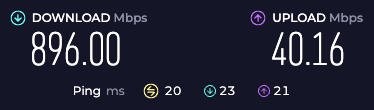 Internet Speed Download: 896.00 Mbps | Upload: 40.16 Mbps